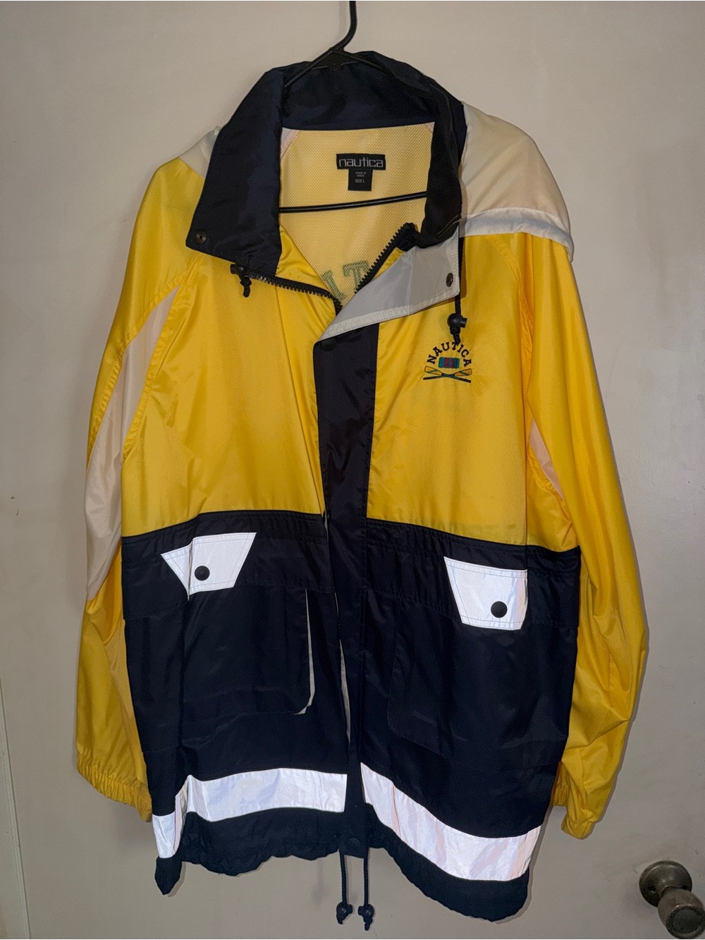 Nautica Colorblock Sailing Jacket Yellow Navy Hooded Windbreaker Mens Large